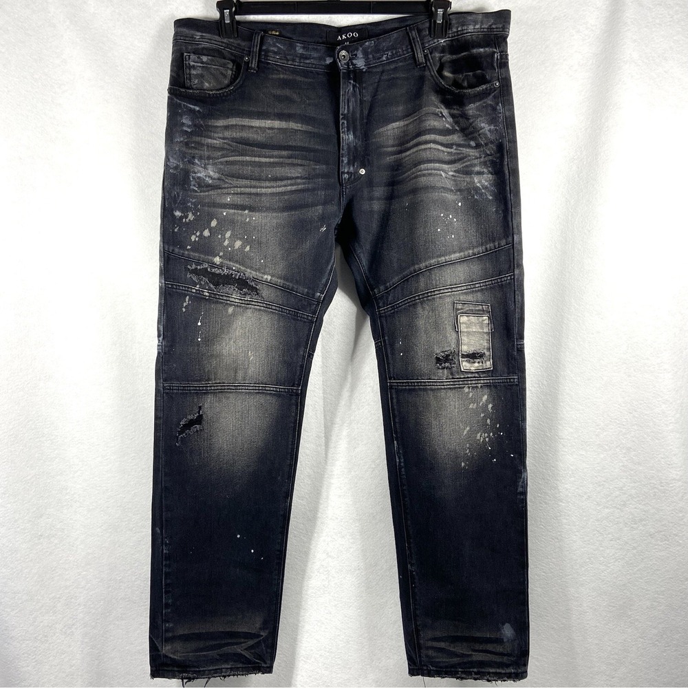 AKOO No Rivals Jeans Men's 44x33 Black Straight Leg Distressed Spotted Y2K